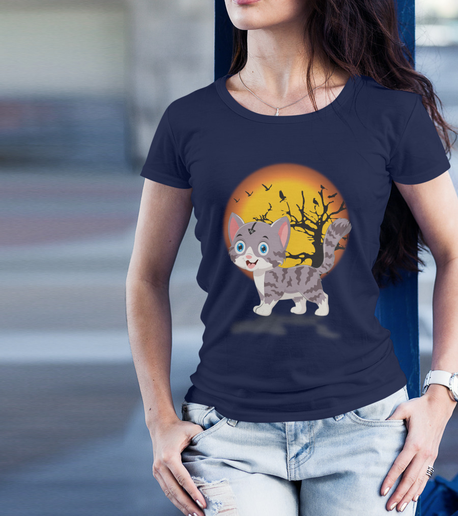 Cute Kittens Halloween Night Moonlit Landscape T-Shirt