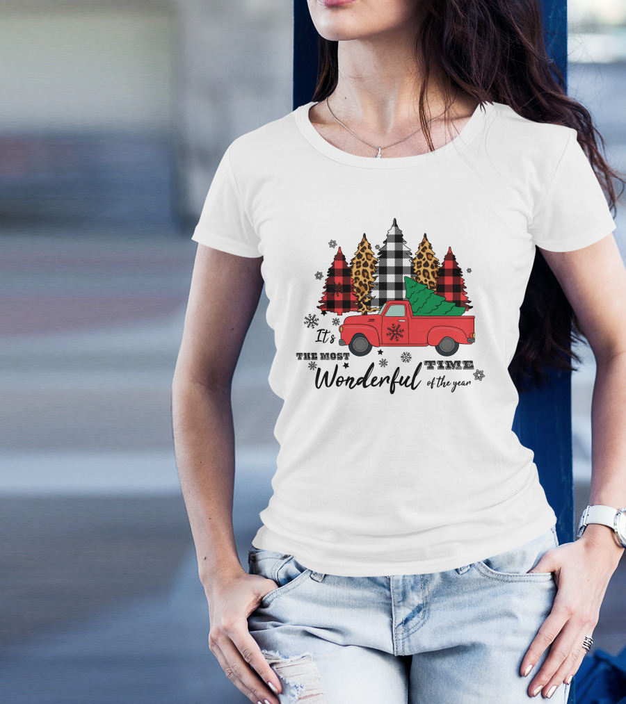 It's The Most Wonderful Time Of The Year Plaid And Leopard Pine Trees Red Truck T-Shirt