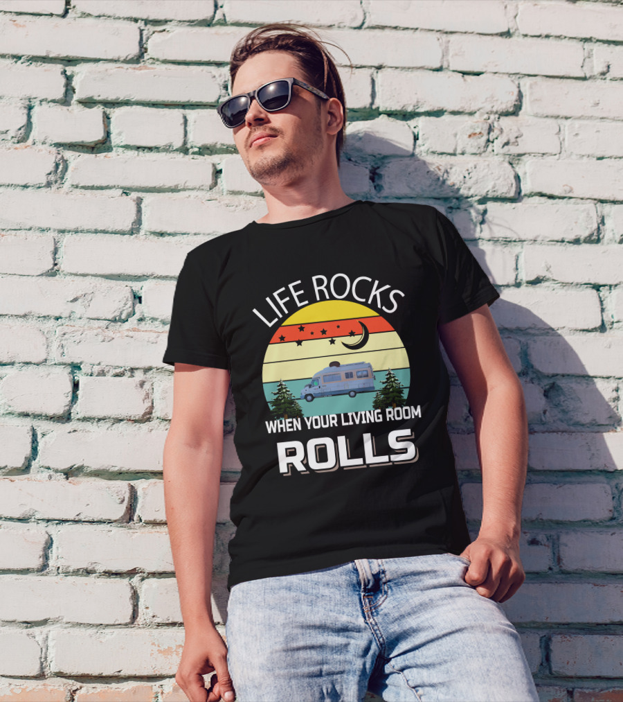 Life Rocks When Your Living Room Rolls Pilote Motorhomes Retro Sunset Campervan Scene T-Shirt