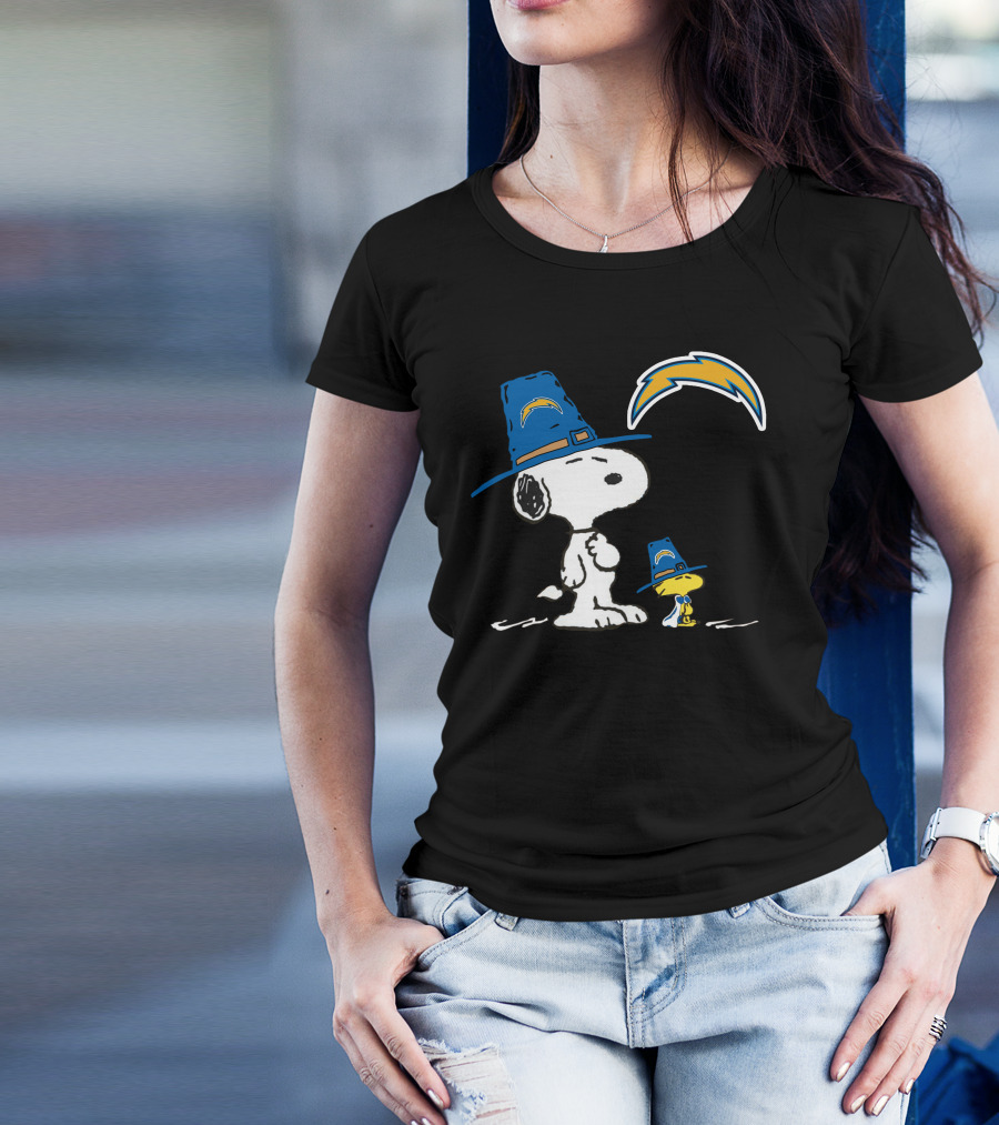 Snoopy And Woodstock In Chargers Hats With Lightning Bolt T-Shirt
