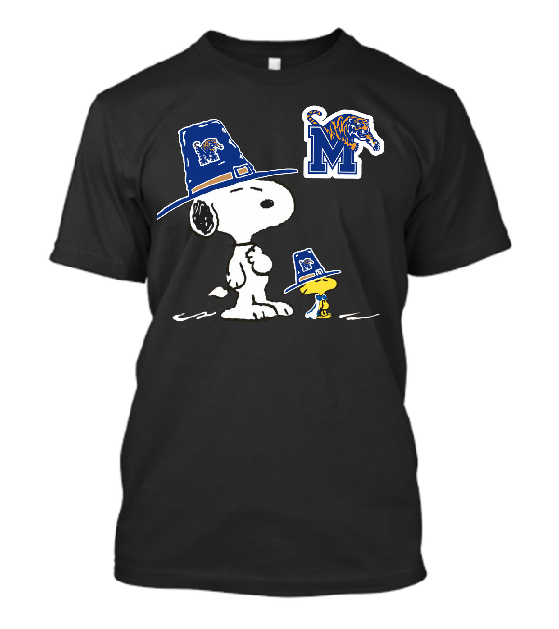 Snoopy And Woodstock Wearing Memphis Tigers Hats With M Logo And Striped Tiger T-Shirt