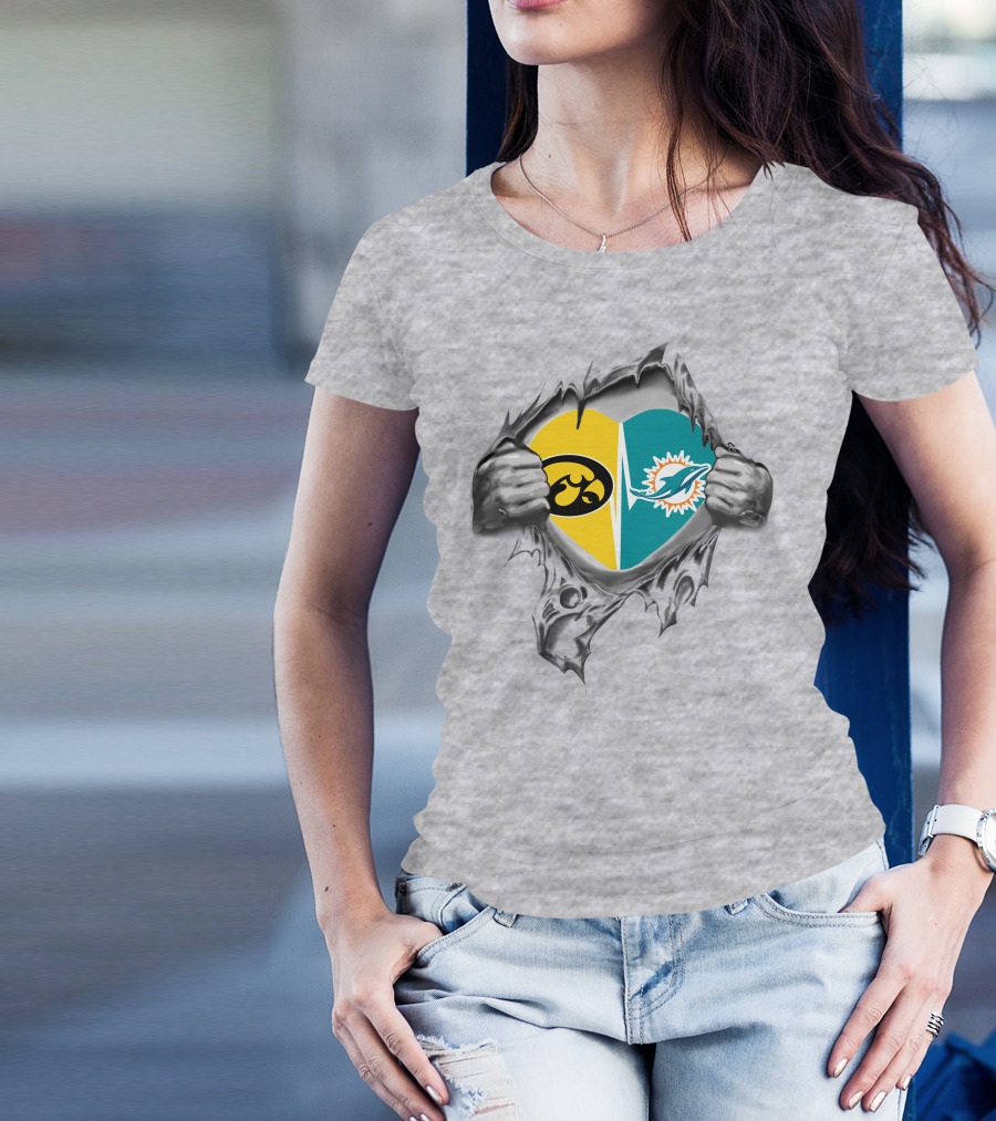 Iowa Hawkeyes Miami Dolphins Heart Logo Ripped T-Shirt