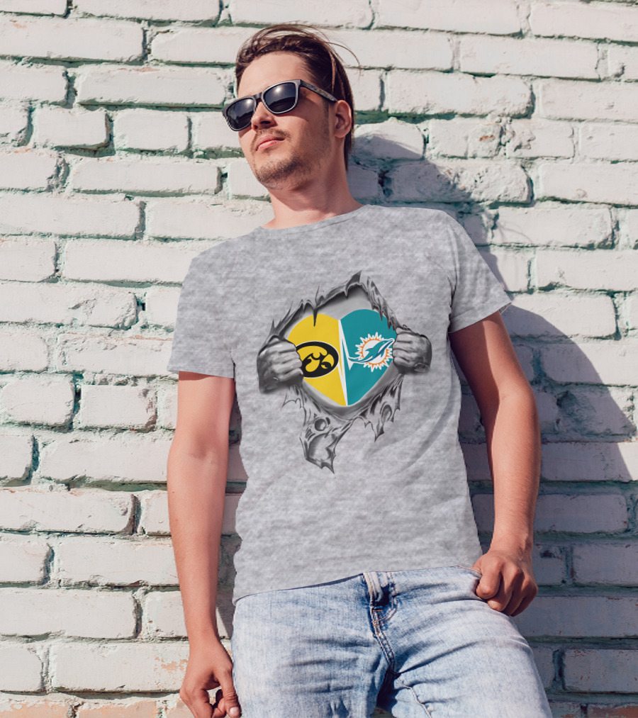 Iowa Hawkeyes Miami Dolphins Heart Logo Ripped T-Shirt