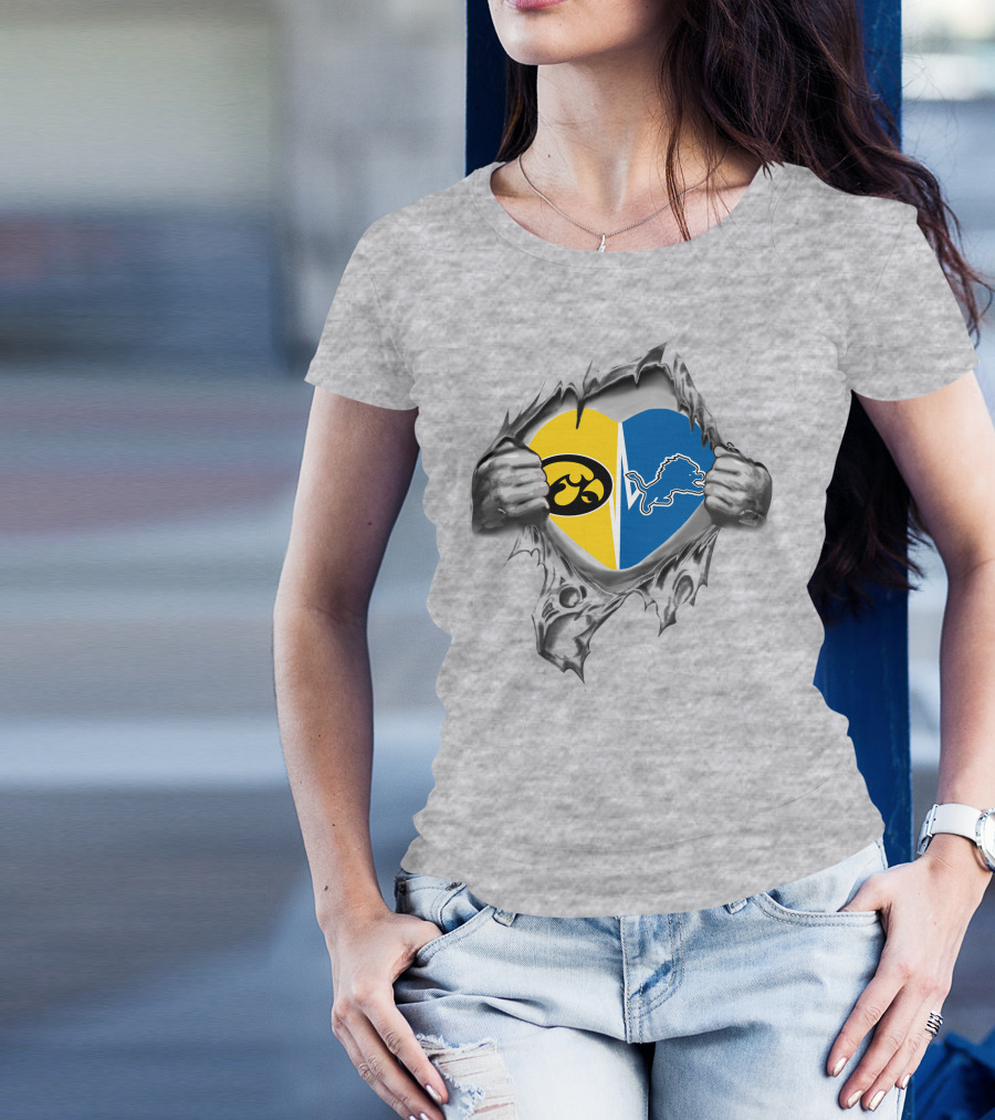 Iowa Hawkeyes Vs. Detroit Lions Heart Symbol Torn Fabric T-Shirt