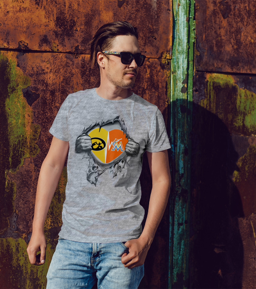 Iowa Hawkeyes Heart And Miami Marlins Heart Logos Ripped T-Shirt