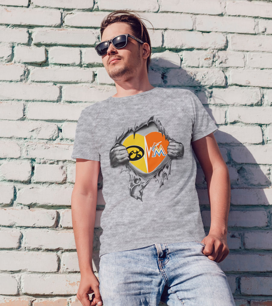 Iowa Hawkeyes Heart And Miami Marlins Heart Logos Ripped T-Shirt