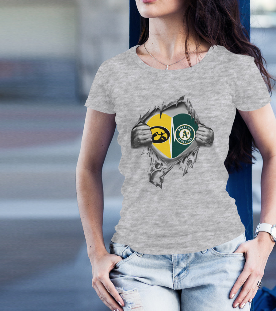 Iowa Hawkeyes Oakland Athletics Heart Design With Tearing Hands T-Shirt