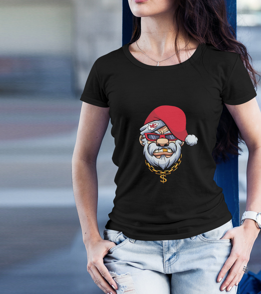 Chiefs Gangster Santa With Chain And Red Hat Sporting Sunglasses And Kansas City T-Shirt