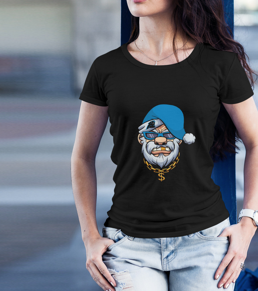Panthers Gangster Santa With Blue Hat And Gold Chain T-Shirt