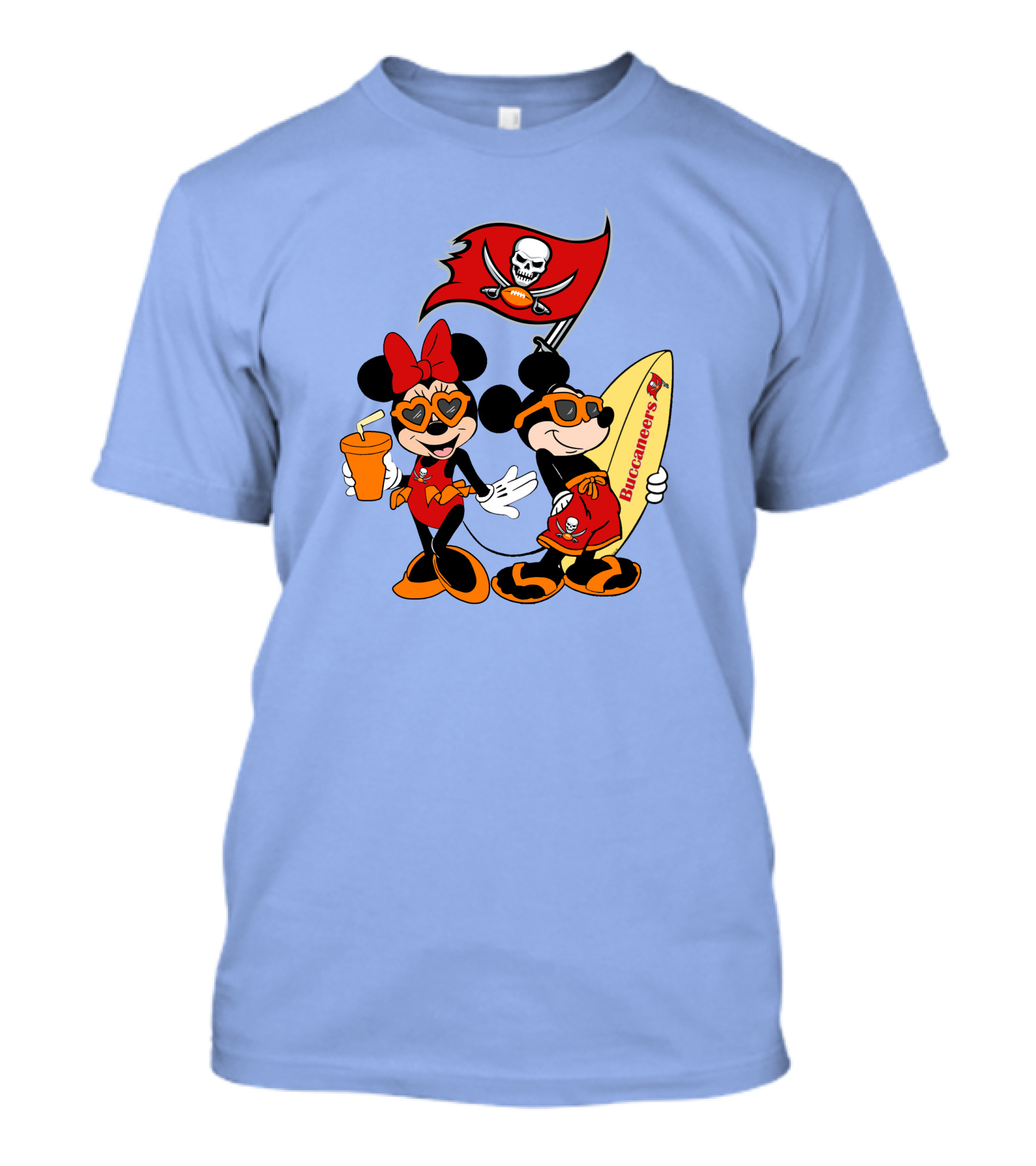 Buccaneers Vacation Mickey And Minnie With Pirate Flag And Surfboard T-Shirt