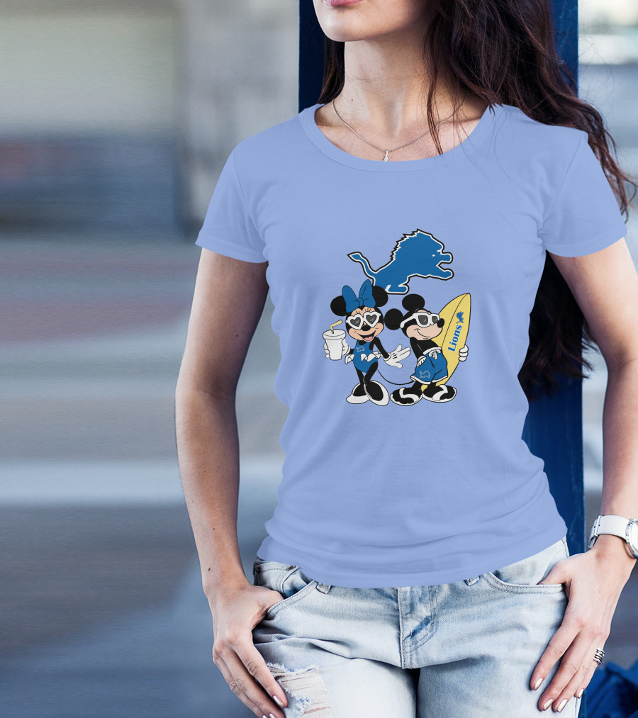 Lions Mickey And Minnie Happy Vacation With Surfboard And Drink T-Shirt