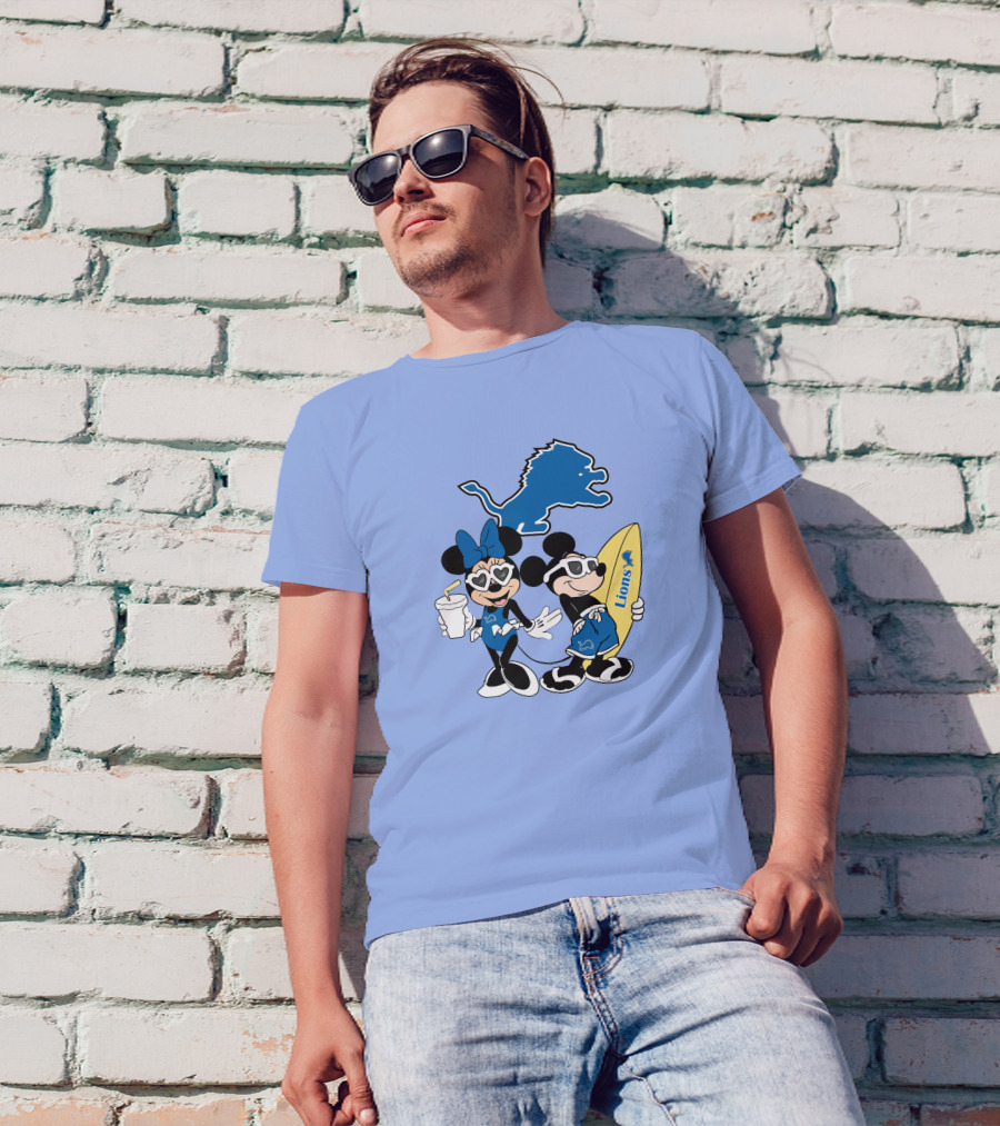 Lions Mickey And Minnie Happy Vacation With Surfboard And Drink T-Shirt
