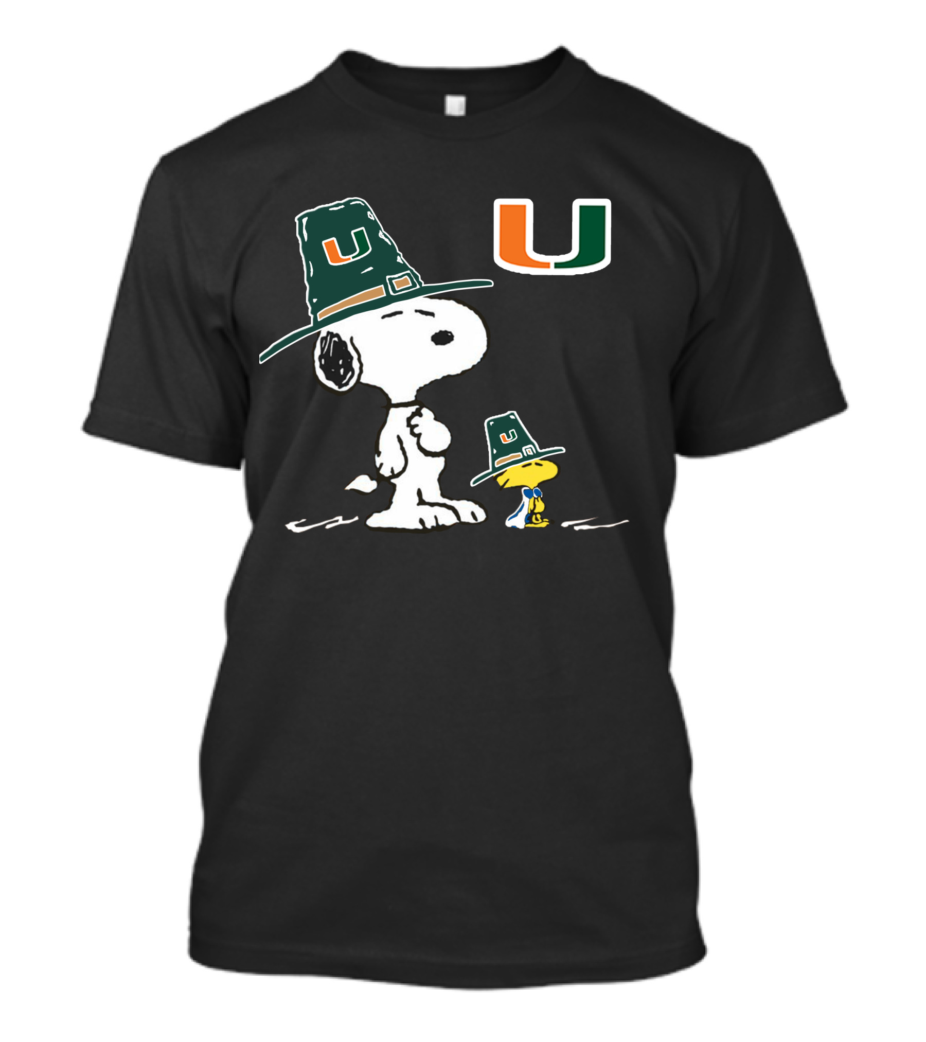Miami Hurricanes Snoopy Woodstock Pilgrim Hats University T-Shirt