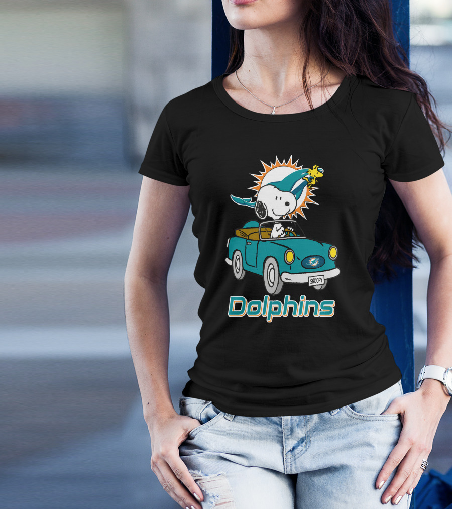 Miami Dolphins Snoopy Driving Car With Woodstock T-Shirt