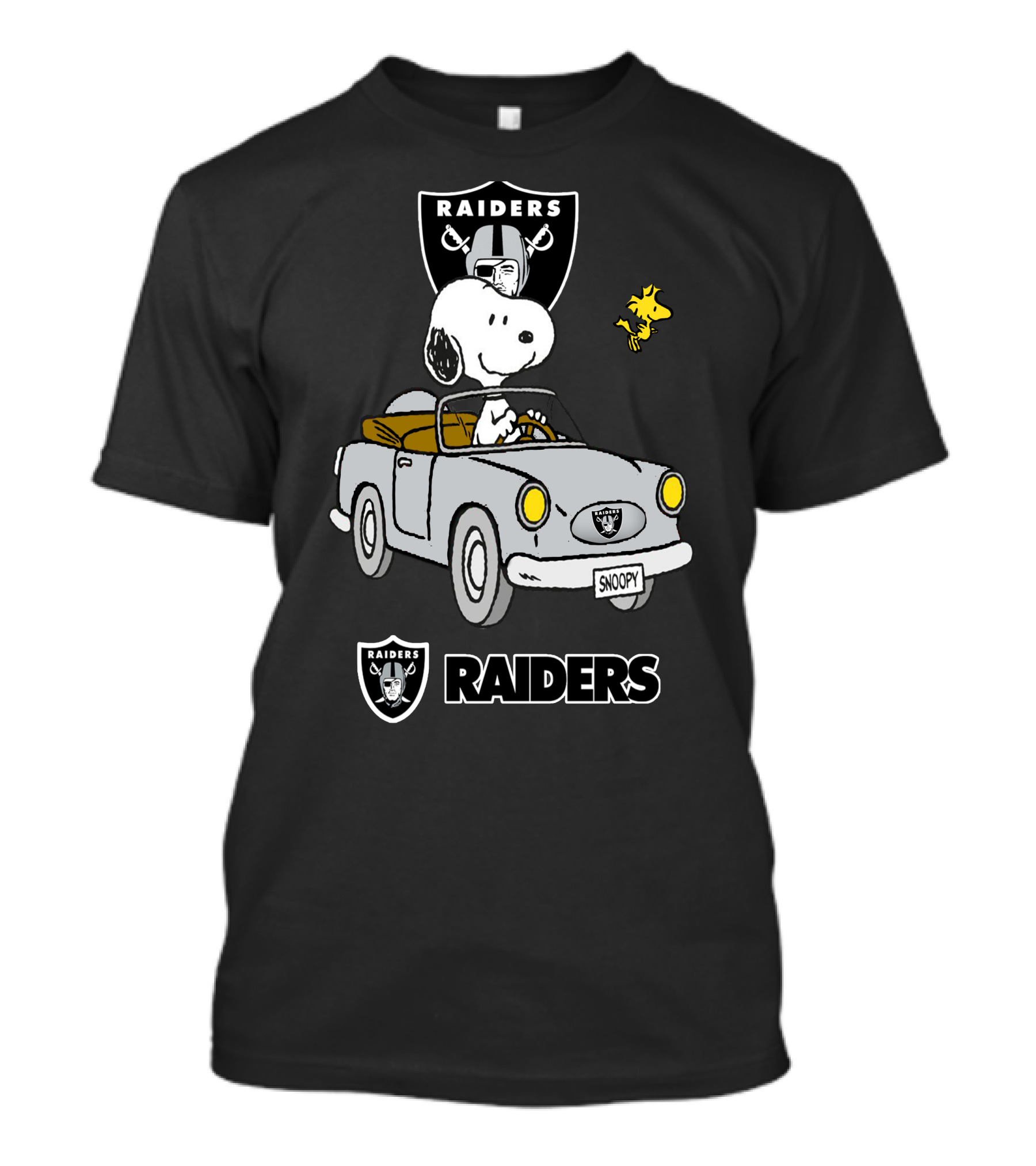 Raiders Snoopy Driving Cartoon With Woodstock And NFL T-Shirt