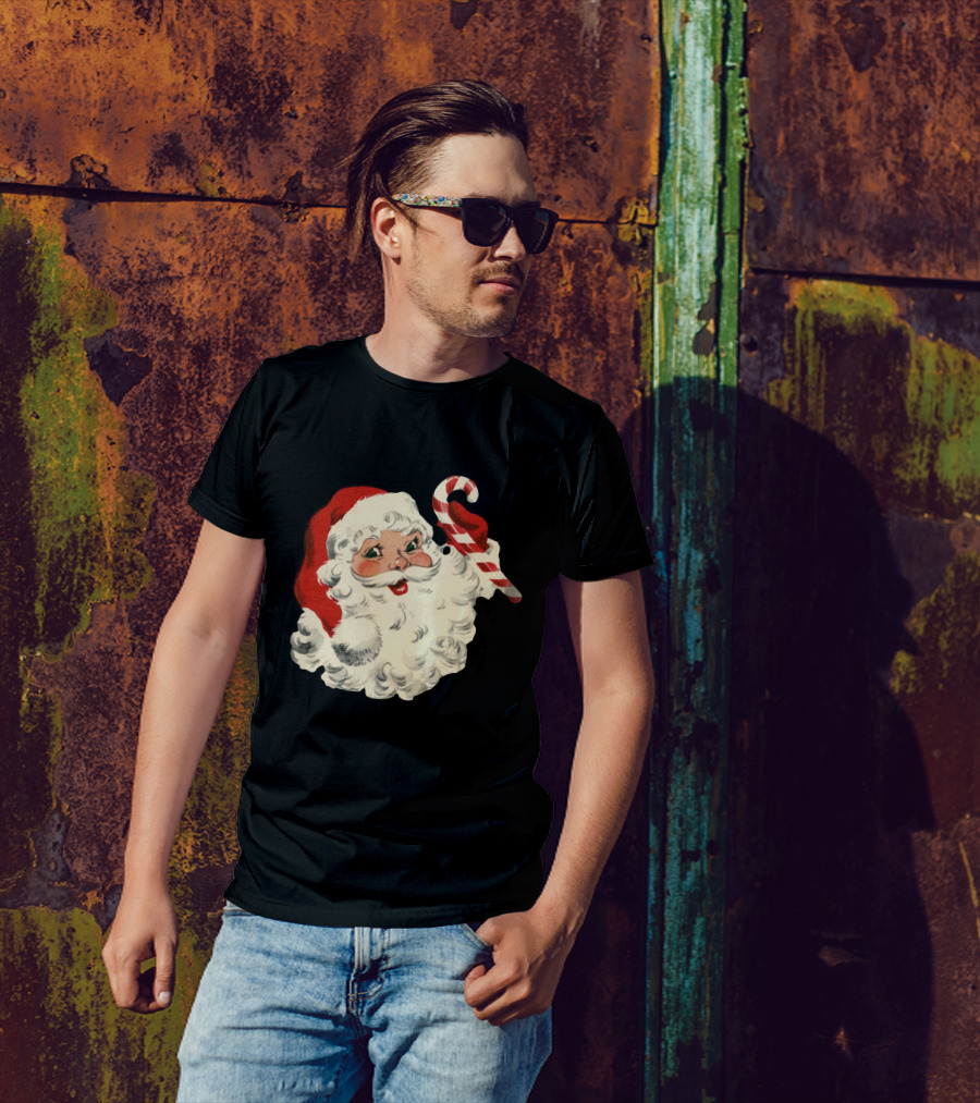 Retro Santa Claus Candy Cane Vintage Christmas T-Shirt