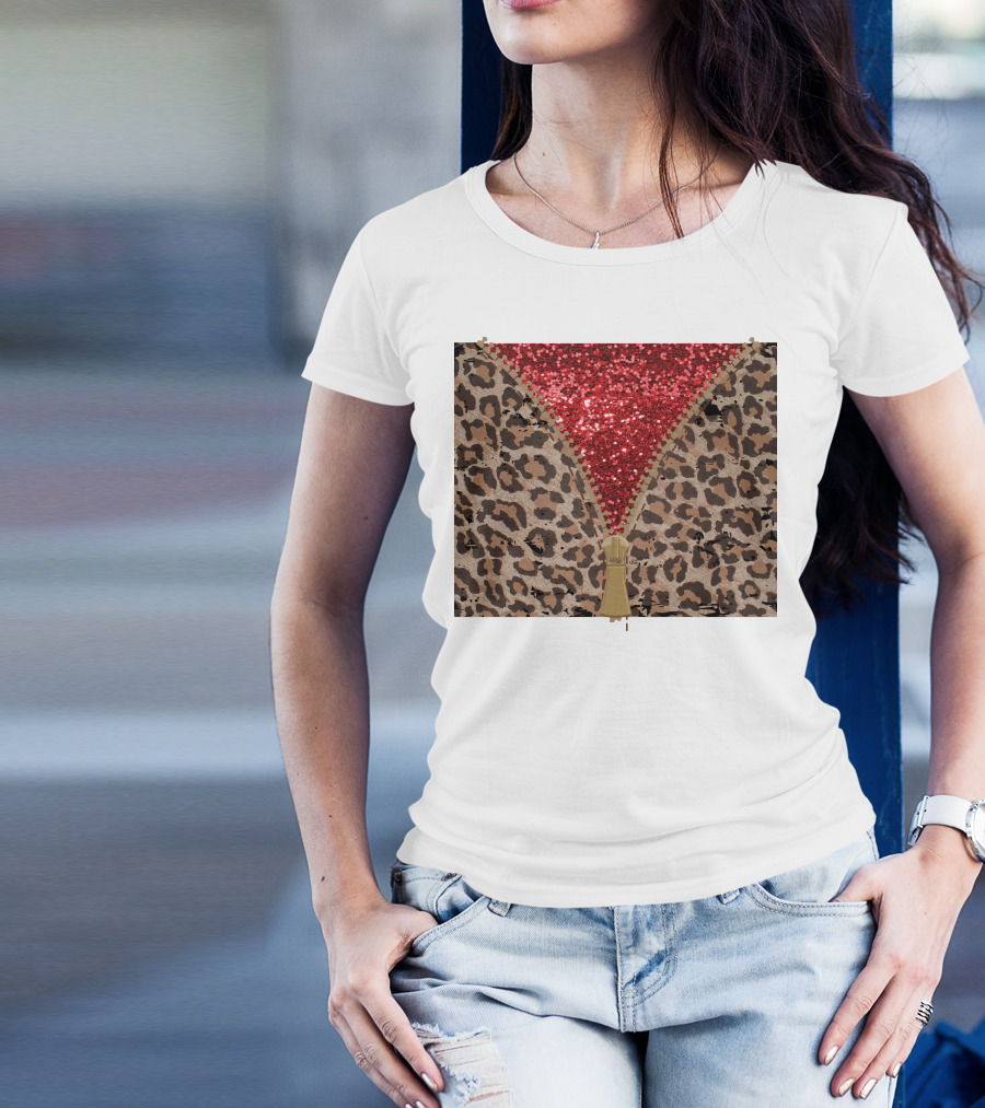 Red Faux Glitter Leopard Zipper Tumbler T-Shirt
