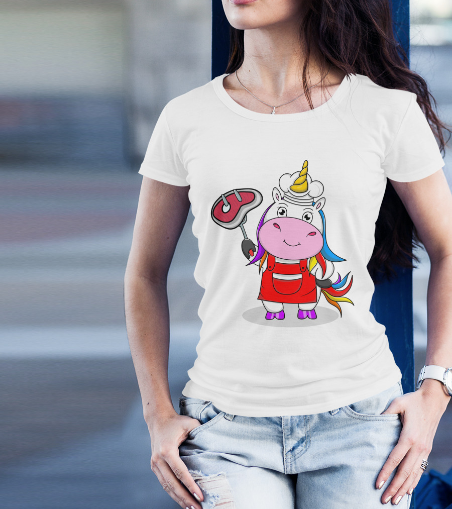 Barbecue Unicorn Chef With Rainbow Mane And Grilled Steak T-Shirt