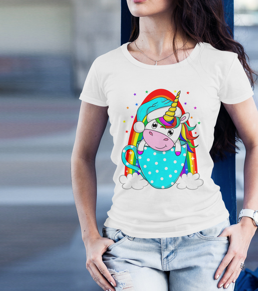 Christmas Unicorn In Cup Rainbow Santa Hat Stars T-Shirt