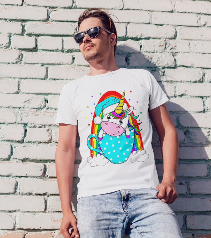 Christmas Unicorn In Cup Rainbow Santa Hat Stars T-Shirt