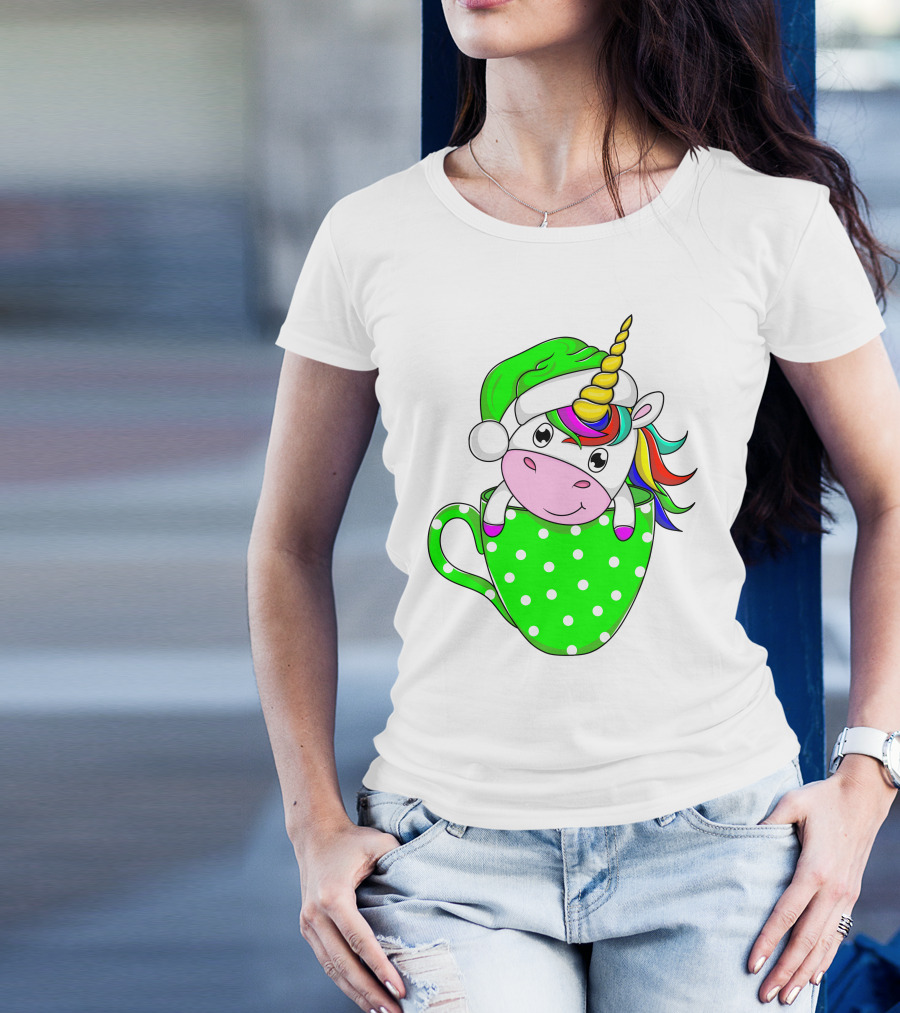 Funny Christmas Unicorn In Santa Hat With Green Polka Dot Cup T-Shirt