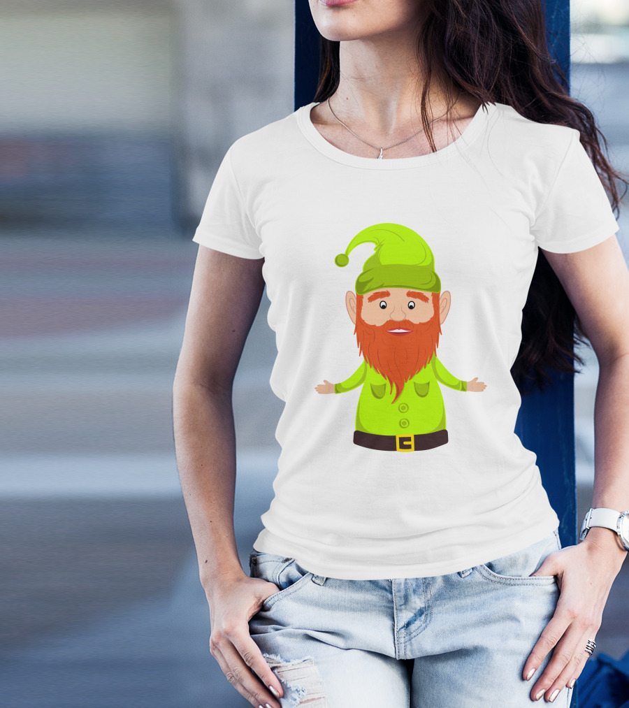 Gnome ELF Christmas Bright Green Hat Brown Belt Red Beard T-Shirt