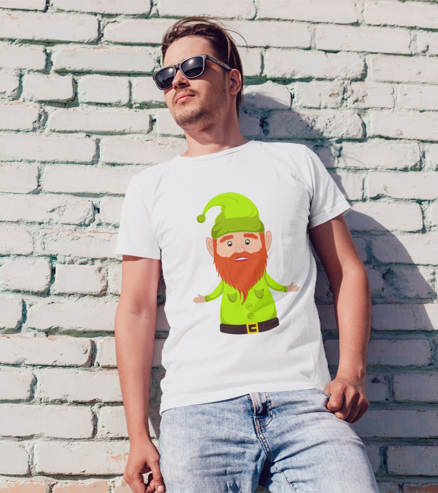 Gnome ELF Christmas Bright Green Hat Brown Belt Red Beard T-Shirt