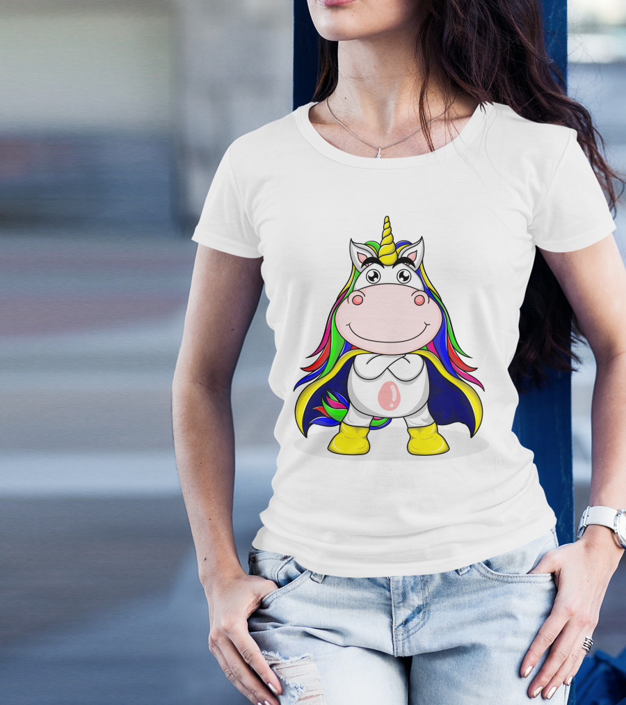 Superhero Unicorn With Rainbow Cape And Yellow Boots T-Shirt