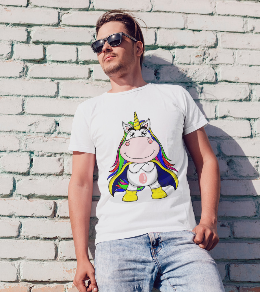 Superhero Unicorn With Rainbow Cape And Yellow Boots T-Shirt