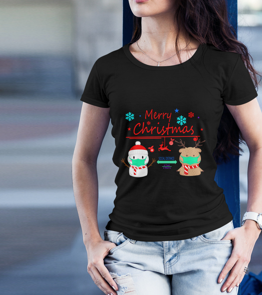 Merry Christmas Social Distance Snowman And Reindeer With Masks T-Shirt