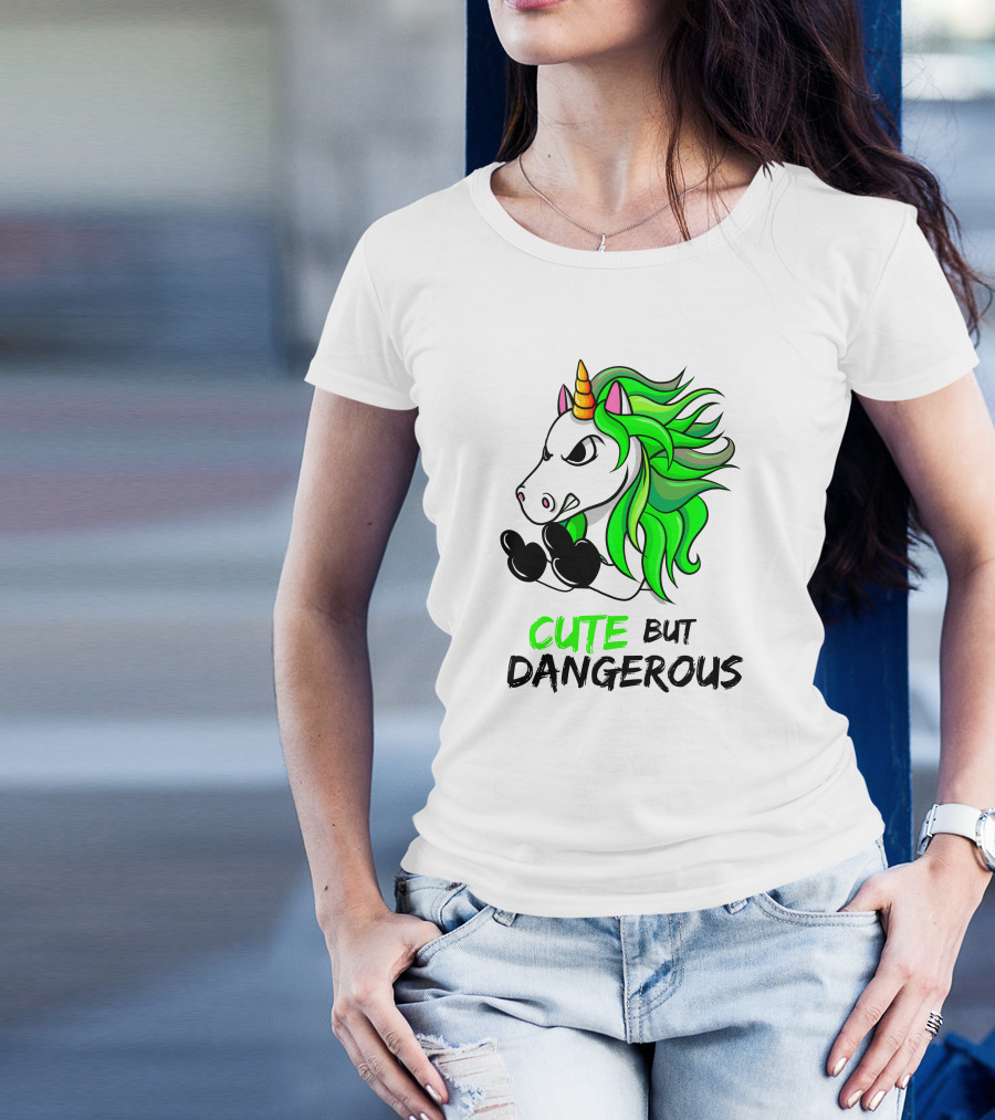 Cute But Dangerous Unicorn Green Hair T-Shirt