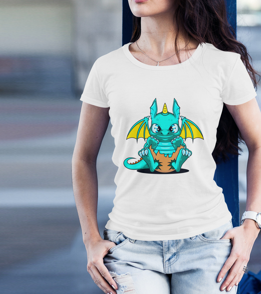 Cool Baby Dragon With Horns Sitting On Eggshell T-Shirt