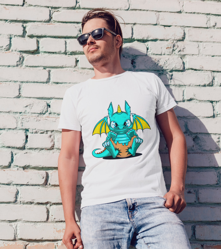 Cool Baby Dragon With Horns Sitting On Eggshell T-Shirt