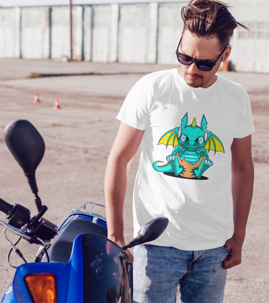 Cool Baby Dragon With Horns Sitting On Eggshell T-Shirt