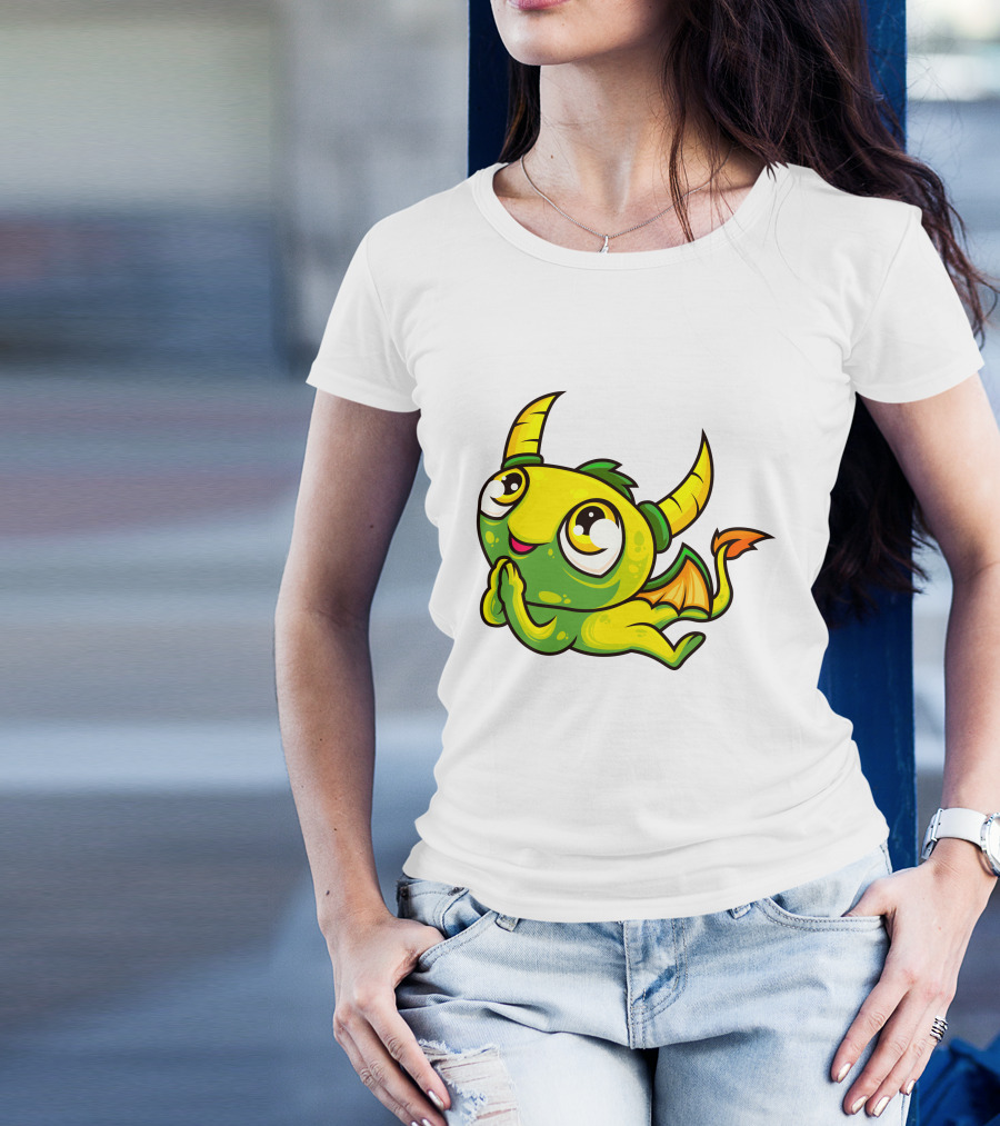 Cute Dragon Wishing Adorable Green And Yellow Horned Fantasy Character T-Shirt