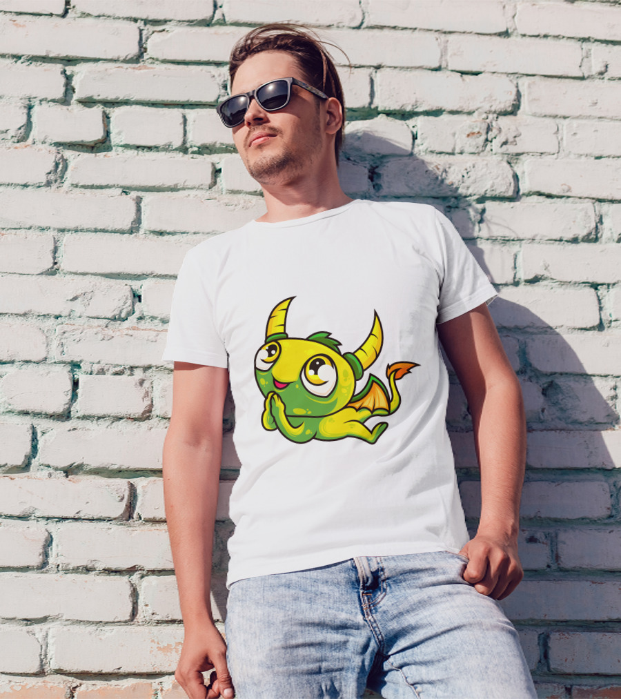 Cute Dragon Wishing Adorable Green And Yellow Horned Fantasy Character T-Shirt