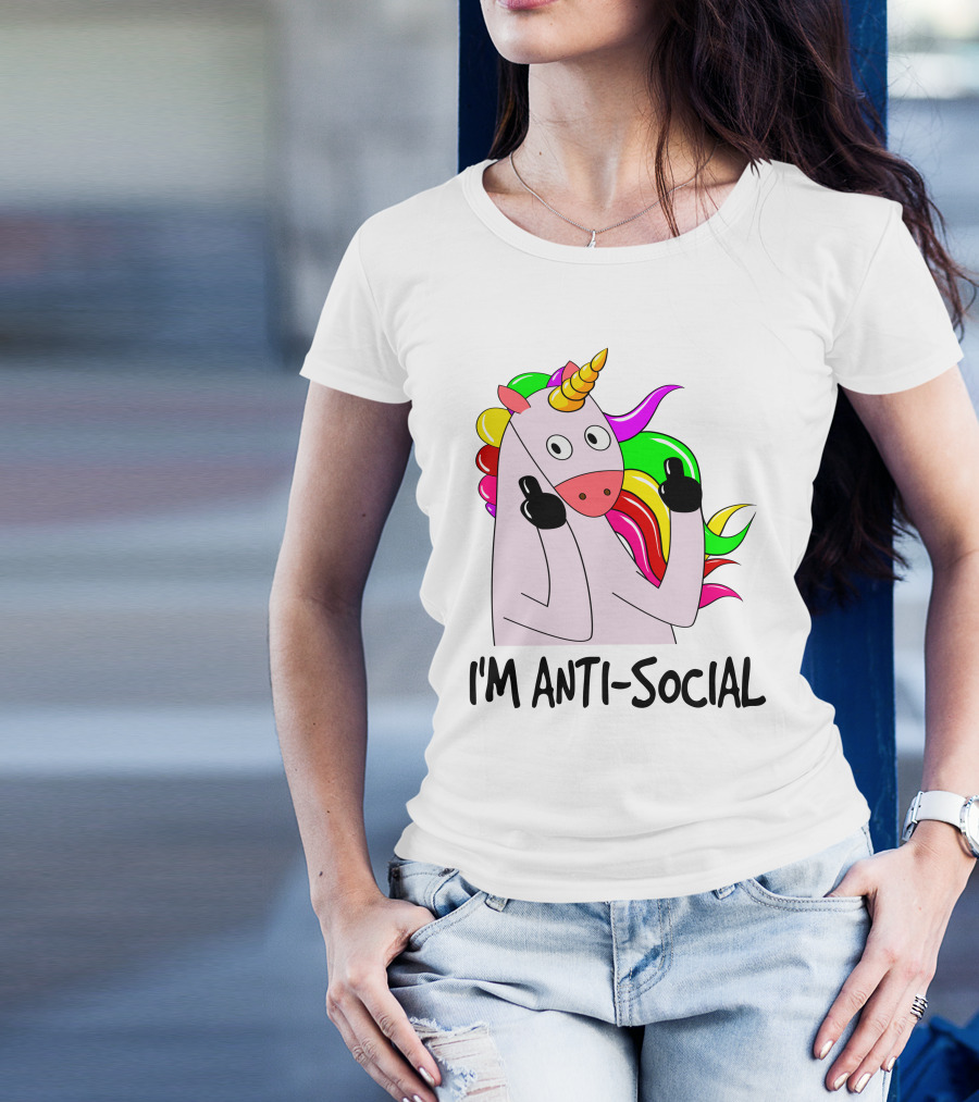 I'm Anti-Social Unicorn Colorful Rainbow Mane Black Gloves T-Shirt