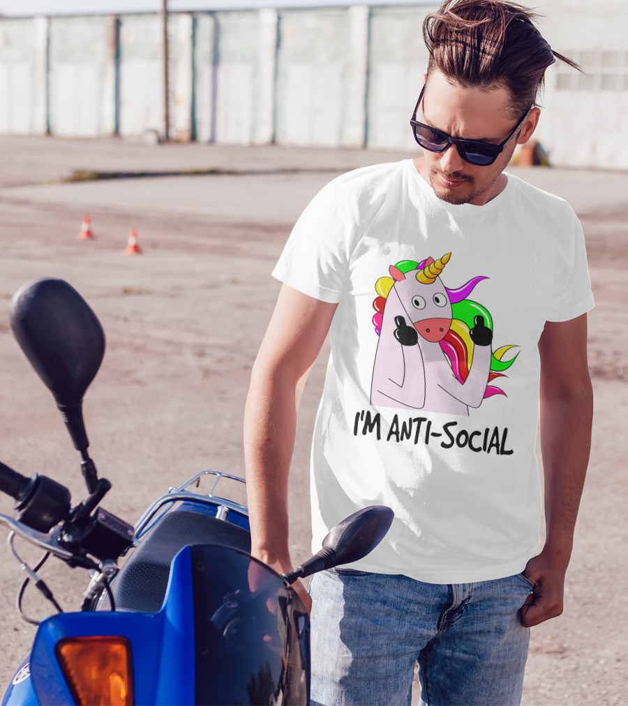 I'm Anti-Social Unicorn Colorful Rainbow Mane Black Gloves T-Shirt