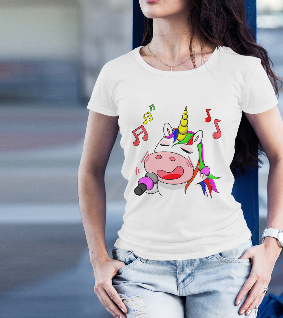 Unicorn Singing With Colorful Microphone And Musical Notes T-Shirt