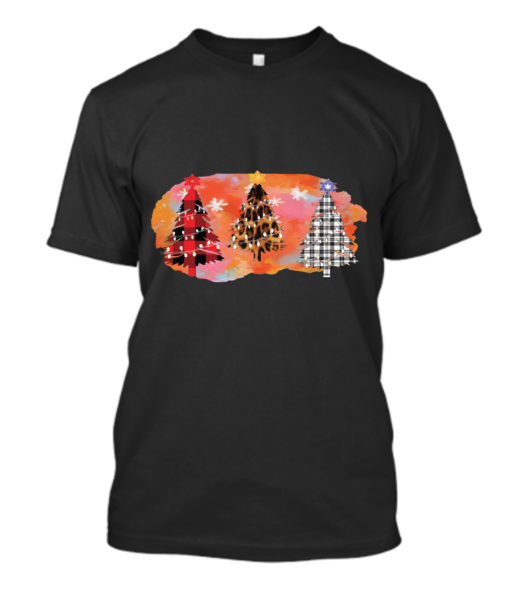 Plaid And Lights Christmas Trees With Stars On Watercolor Background T-Shirt