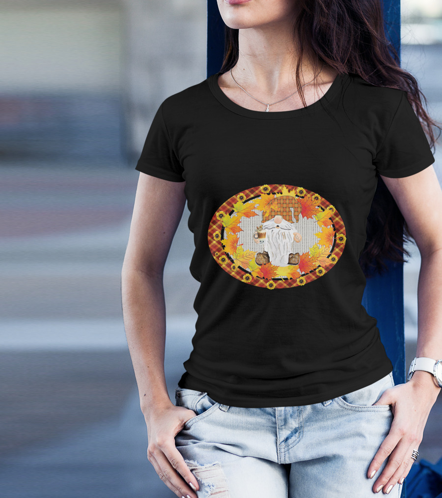 Fall Gnome With Coffee Mug Surrounded By Autumn Leaves And Sunflowers T-Shirt