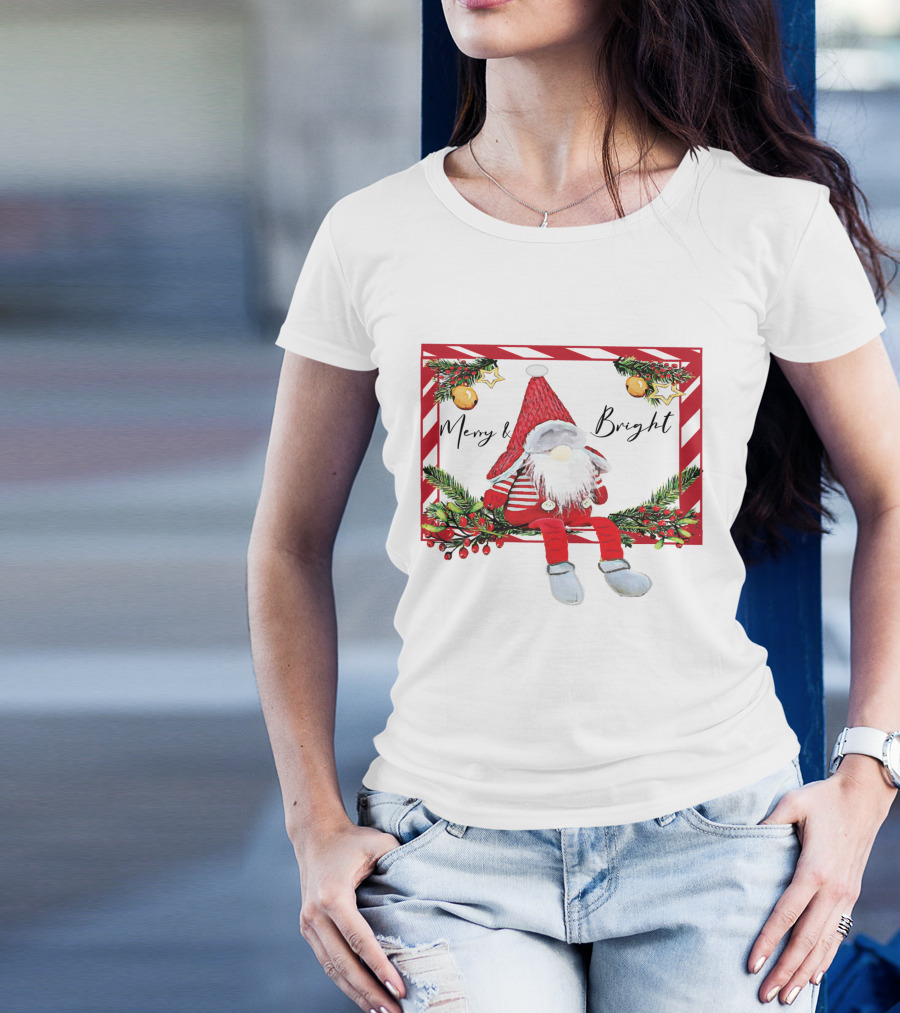 Merry And Bright Gnome Candy Cane Christmas Holiday T-Shirt