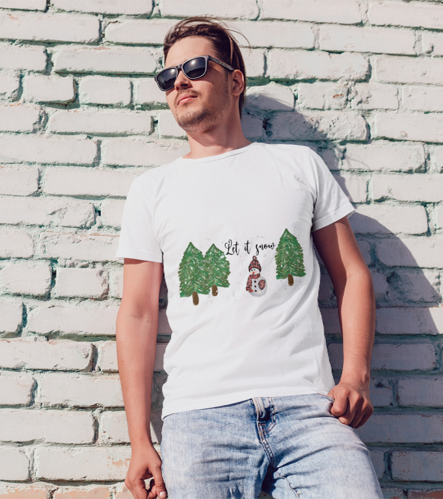 Let It Snow Watercolor Snowman And Pine Trees T-Shirt