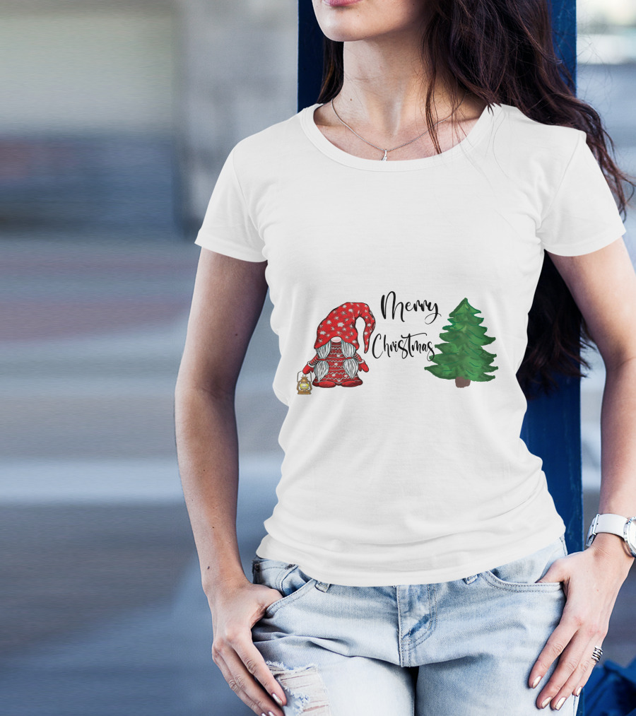 Merry Christmas Gnome With Lantern And Pine Tree T-Shirt