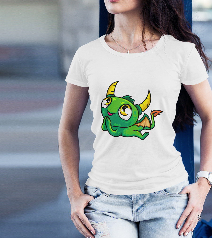 Cute Green Dragon Kawaii Cartoon Character With Horns And Wings T-Shirt