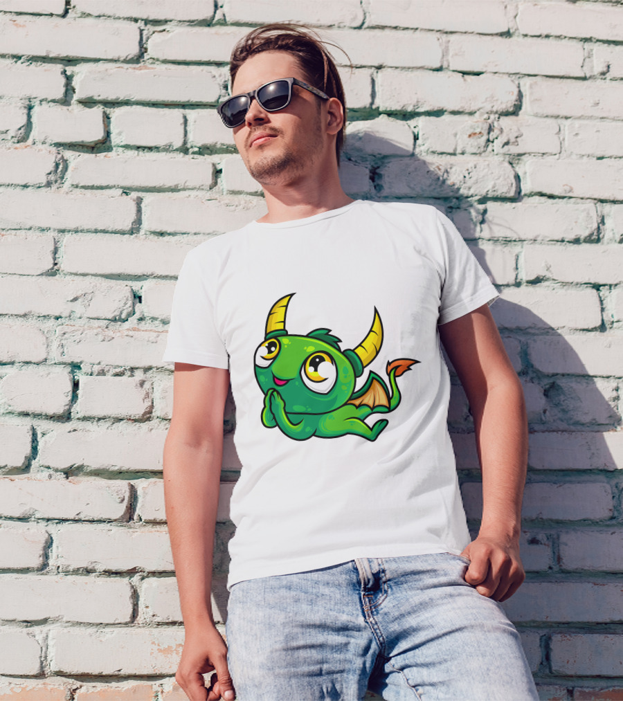 Cute Green Dragon Kawaii Cartoon Character With Horns And Wings T-Shirt