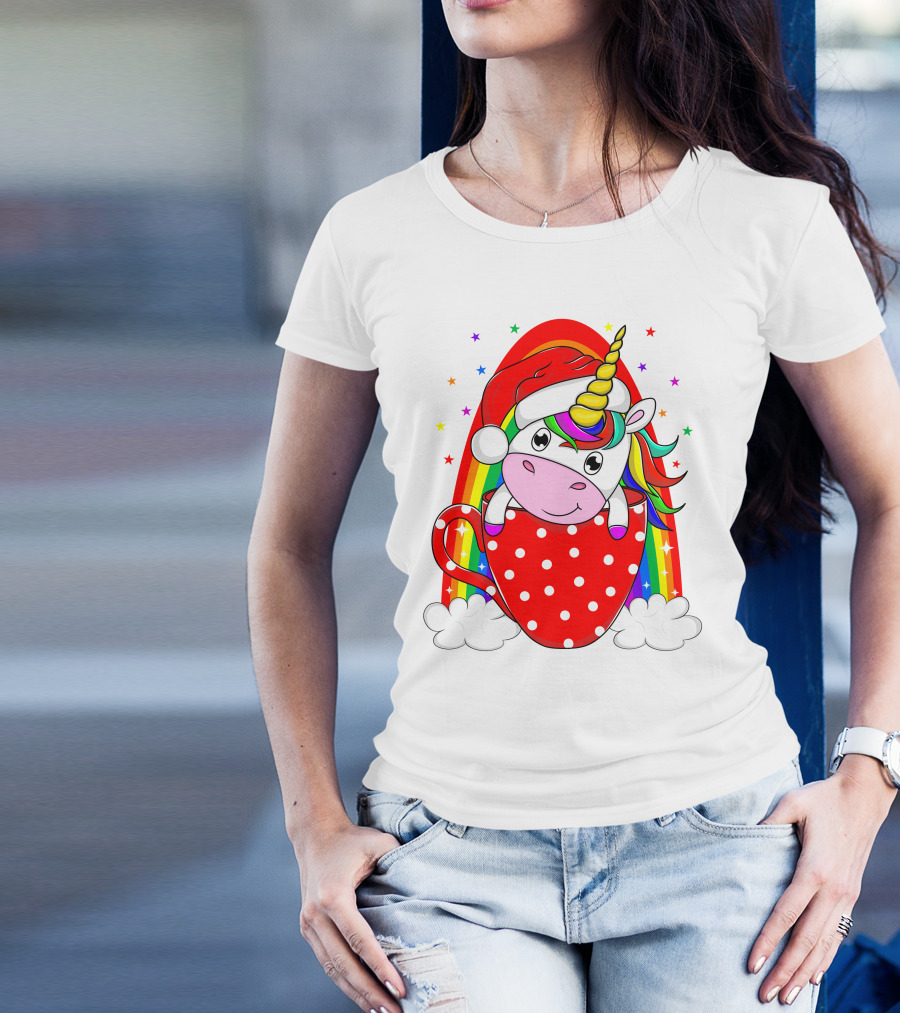Unicorn In Santa Hat With Rainbow And Red Polka Dot Cup T-Shirt