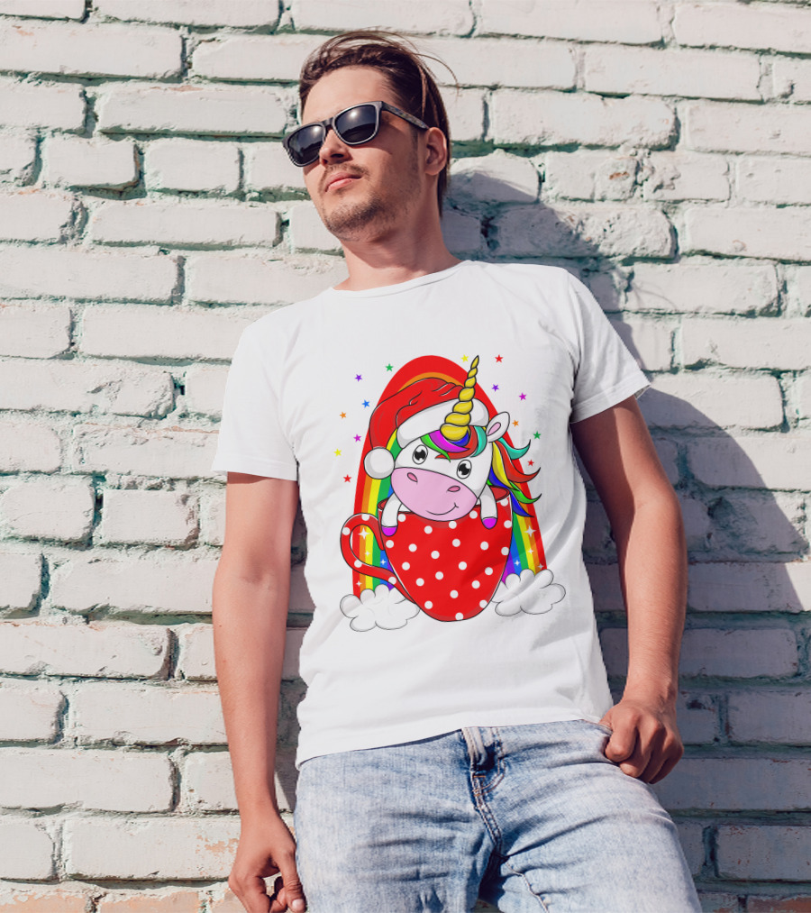 Unicorn In Santa Hat With Rainbow And Red Polka Dot Cup T-Shirt
