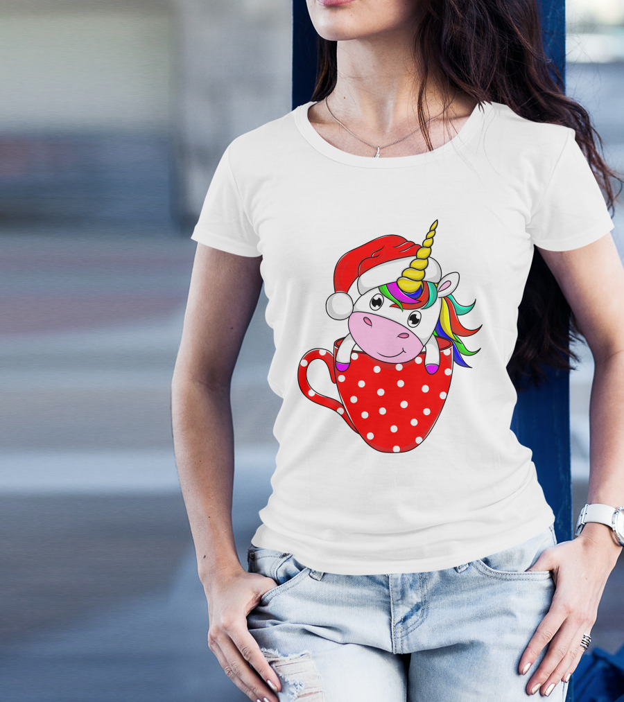 Santa Hat Unicorn In Polka Dot Red Cup T-Shirt