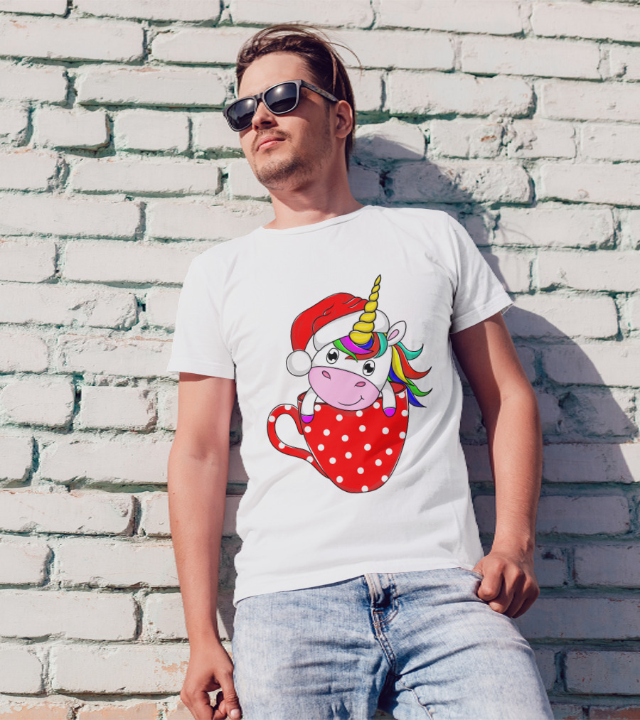 Santa Hat Unicorn In Polka Dot Red Cup T-Shirt